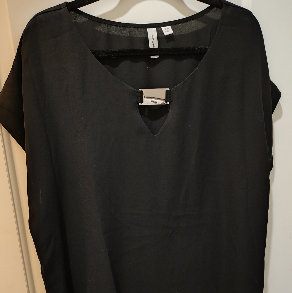 Tacera Black Boxy Blouse with Silver V-Neck Detail